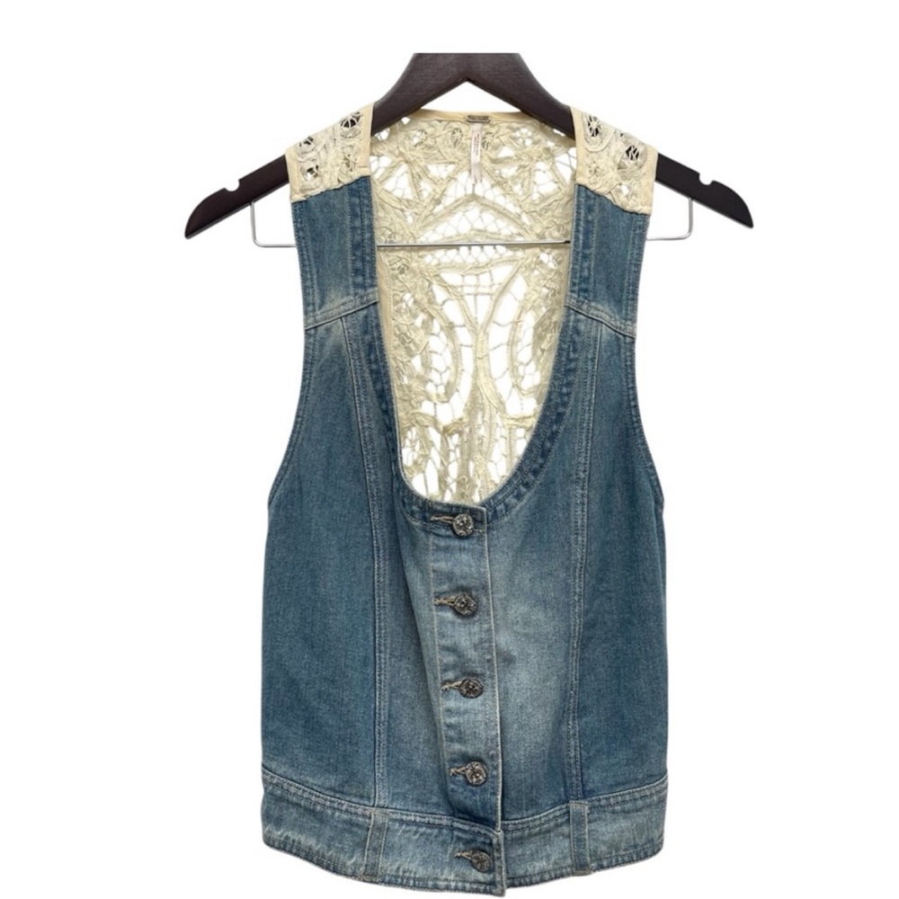 Free People Denim Vest front button with ivory Lace Back XS